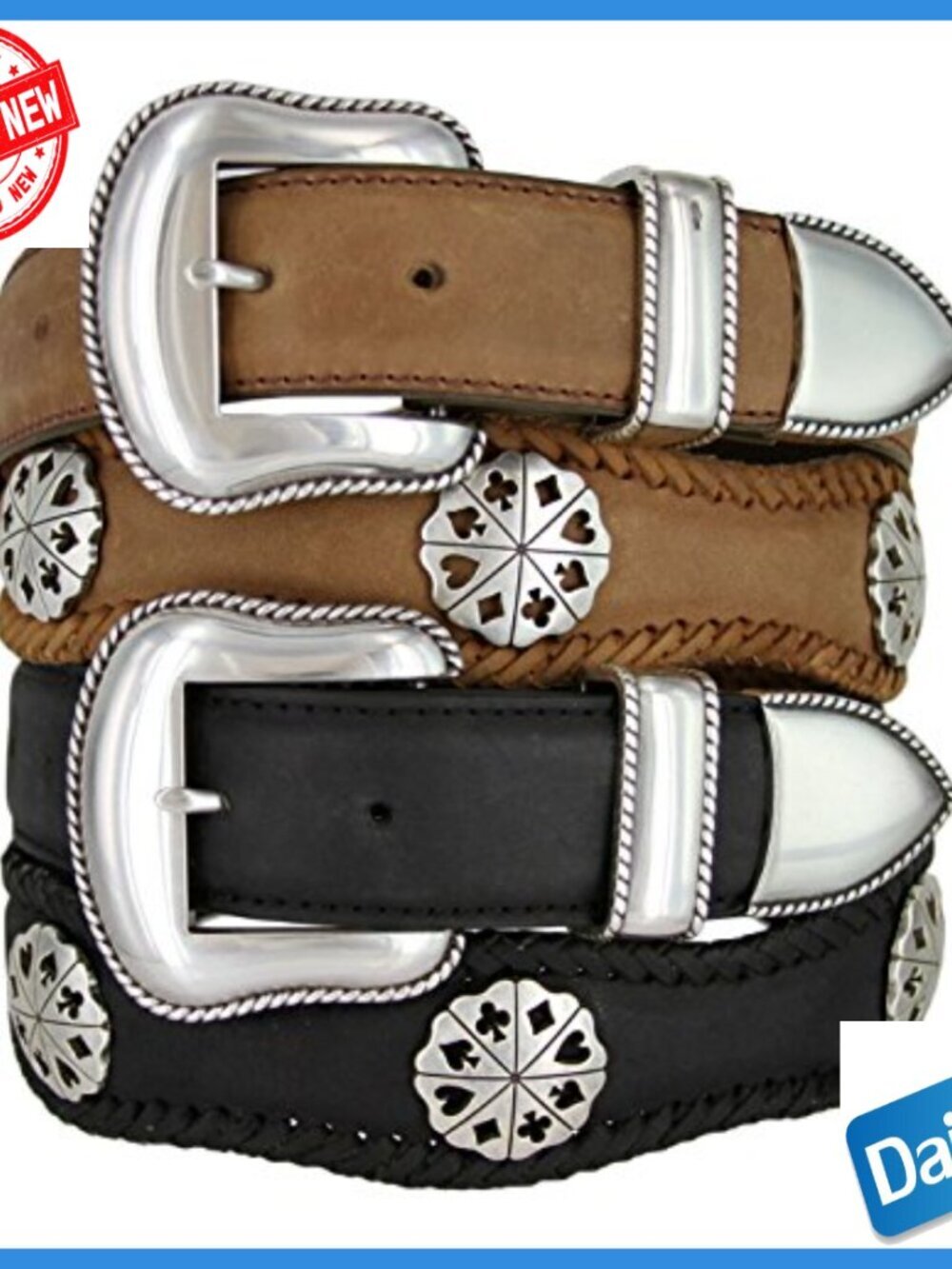 Men's Leather Cowboy Belt with Card Suit Concho Buckle Set - Picture 5 of 6